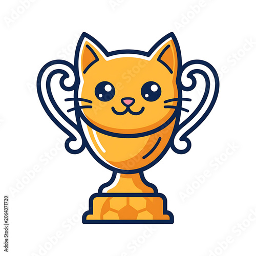 Cute cartoon cat trophy icon featuring a playful gold award design for sports and pet competitions in a flat vector style isolated on a white background