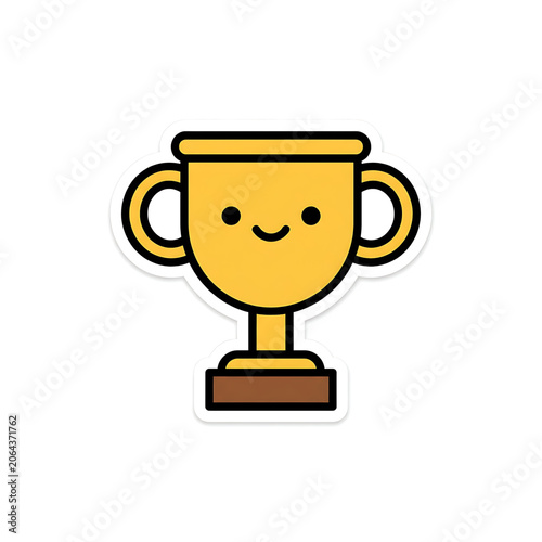 Cute gold trophy award sticker with happy smiling face icon for achievement and success concept isolated on white background for digital design elements