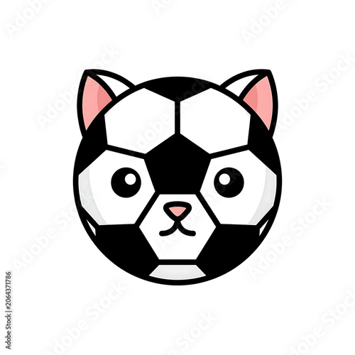 Cute cat soccer ball graphic illustration featuring a playful feline face integrated into a classic black and white sport equipment design for mascot logos