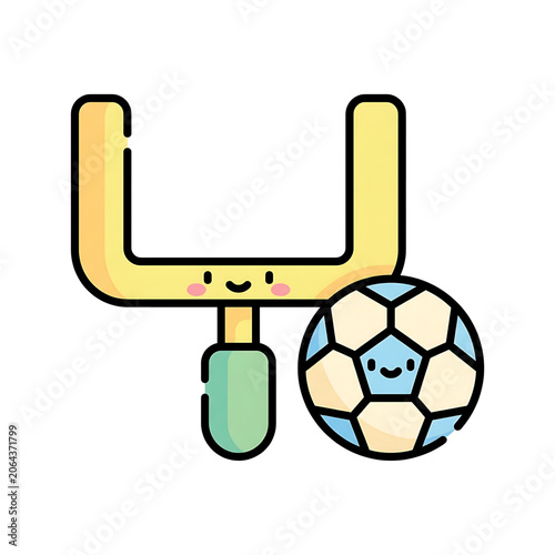 Cute kawaii football goalpost and soccer ball vector graphic icon for sports branding and fun children designs isolated on a clean white background