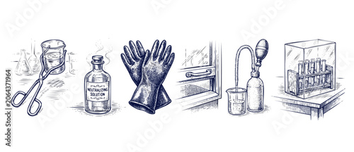 Fotografía Chemistry safety equipment vintage set illustrating lab protection tools like ru