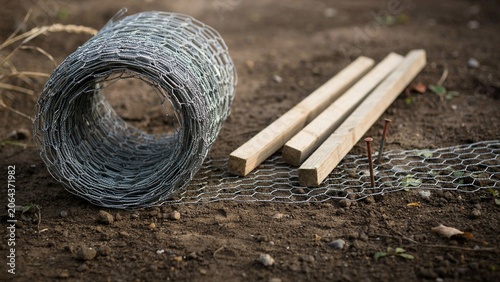 Wire mesh roll sits on dirt ground next to wooden stakes intended for constructing a durable garden fence enclosure.