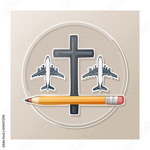 Cross with airplanes and pencil flat illustration