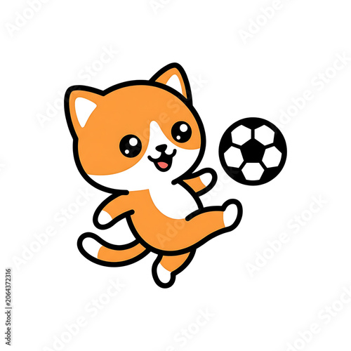 Cute cartoon ginger kitten playing soccer ball illustration for kids