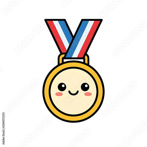 Cute gold medal character with happy face and ribbon for sports achievement awards and success celebrations in a flat vector illustration style design
