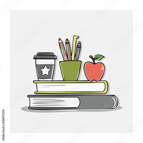 Flat design illustration of school supplies on books