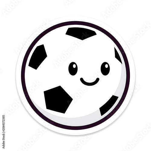 Cute cartoon soccer ball character sticker with happy expression and simple black and white geometric design isolated on a clean white background
