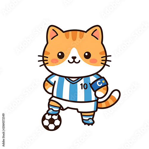 Cute cartoon ginger cat soccer player wearing a blue and white striped jersey with captain armband standing proudly with a ball on a clean white background