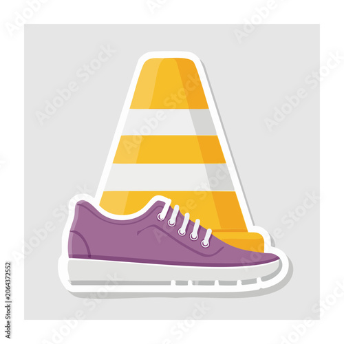 Purple sneaker and orange traffic cone flat illustration