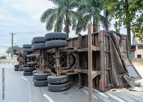 Overturned Truck After Traffic Accident on Urban Road
