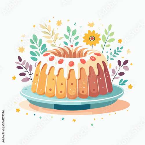 Bundt Cake with Icing and Berries Surrounded by Spring Flowers