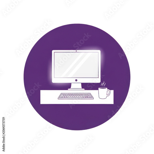 Modern computer monitor and keyboard on purple desk workspace icon isolated on transparent background