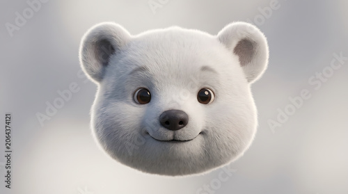 Cute white polar bear cub face with big dark eyes and a friendly smile on a plain light background