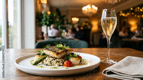 Gourmet Seared Fish Dish Served with Risotto and Champagne in an Elegant Restaurant Setting