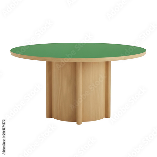 Modern round wooden table with green top isolated on transparent background