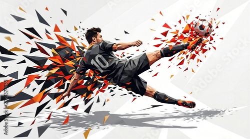 Low poly vector illustration of a male soccer player doing a bicycle kick. Geometric graphic of athlete scoring a goal with explosive triangles.