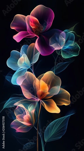 Translucent Glowing Orange and Blue Flowers with Light Particles on Dark Background for Fantasy Abstract Design