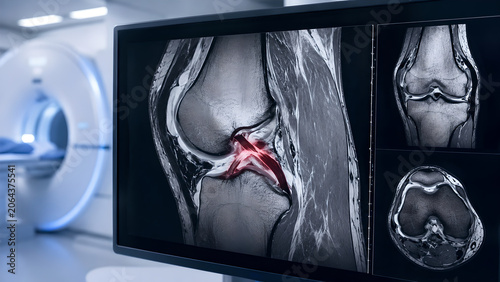 Knee ACL tear radiology concept with MRI style joint instability, photorealistic medical imaging of injured ligament in clean hospital setting for orthopedic education and patient anatomy design