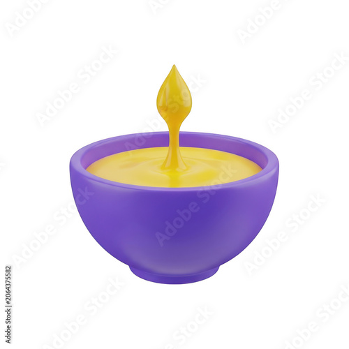 Purple bowl with glowing golden flame in a cozy setting isolated on transparent background