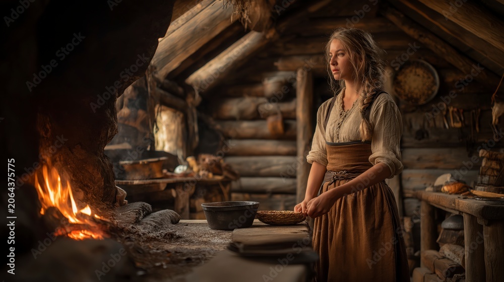 Fototapeta premium In a Viking home warmed by a central fire, everyday tasks reveal that perseverance, skill, and family bonds were the foundation of survival. 