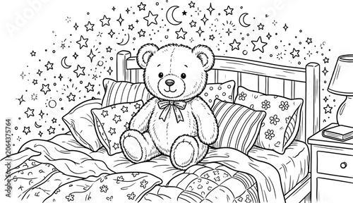 A cute teddy bear sitting on a bed with pillows and stars.