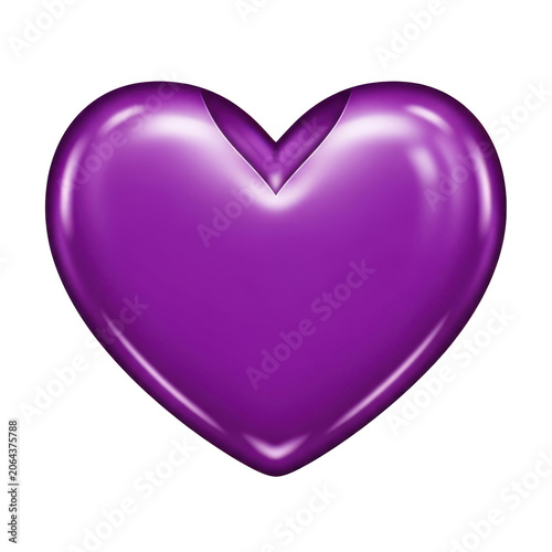 Purple shiny heart icon with glossy reflective surface isolated on transparent background