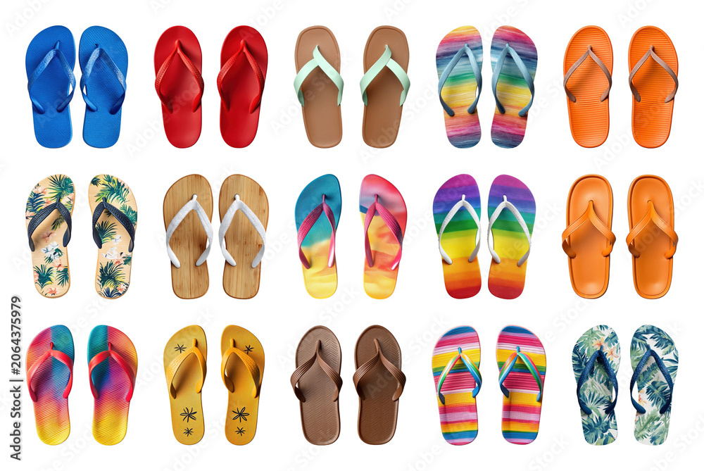 Fototapeta premium PNG Colorful flip-flops in various patterns, transparent background