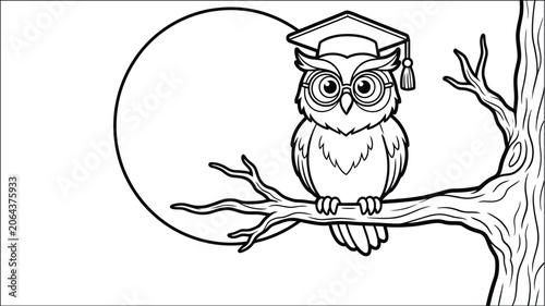 A wise owl wearing a graduation cap perches on a bare tree branch under a full moon.