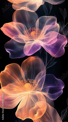 ranslucent Glowing Pink and Orange Flowers with Radiant Veins on Dark Background for Fantasy Abstract Design