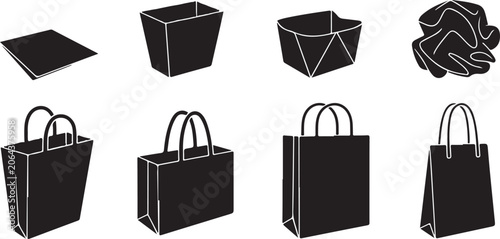 Paper shopping bag set showing various folding stages and different handle styles in flat black silhouette for retail commerce concept.