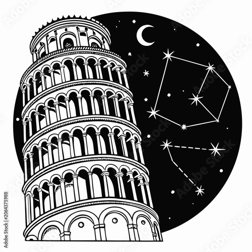 Leaning tower of pisa illustration with crescent moon and constellation against a white background