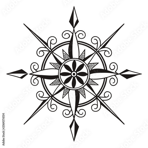 Geometric starburst ornament with decorative swirls and pointed elements black vector illustration graphic