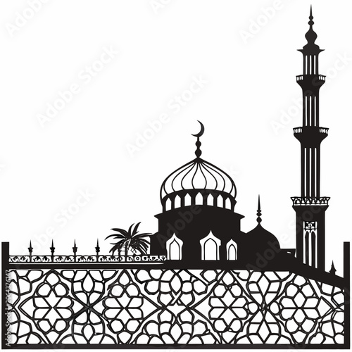 Islamic geometric ornament vector illustration with a mosque and crescent moon on white background