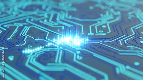 Close-up of a circuit board with glowing blue lines and connections.