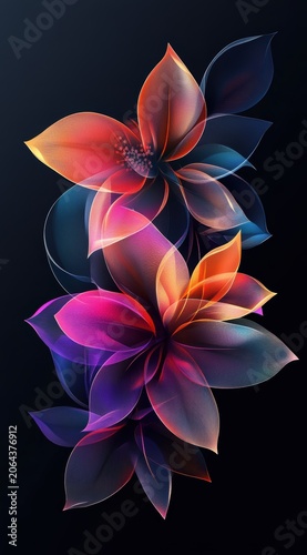 ranslucent Glowing Pink and Orange Flowers with Radiant Veins on Dark Background for Fantasy Abstract Design
