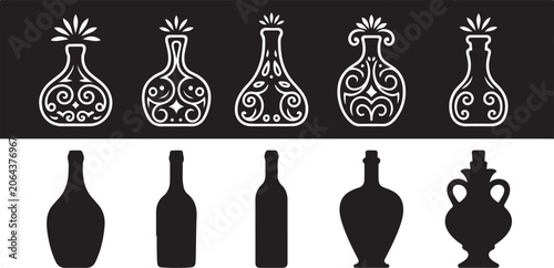 Collection of ornate decorative ancient amphorae bottles and ornate modern decorative bottles set.
