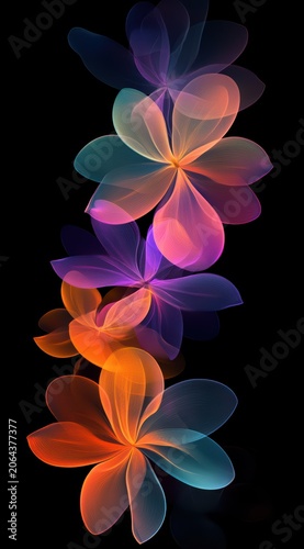 Vertical Abstract Translucent Gradient Flowers with Glowing Petals on Black Background for Fantasy Decorative Design

