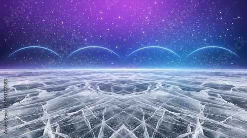 Cracked ice surface under starry night sky with glowing blue lines and purple hue