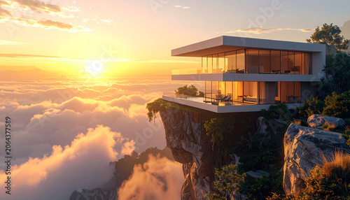 Modern Luxury Villa on a Cliff Overlooking Clouds at Sunset