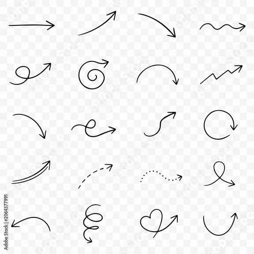 Hand drawn doodle arrow set with various curves and shapes, minimalist black line vector illustration