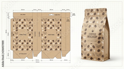 Coffee Pouch Packaging Dieline and 3D Mockup Template