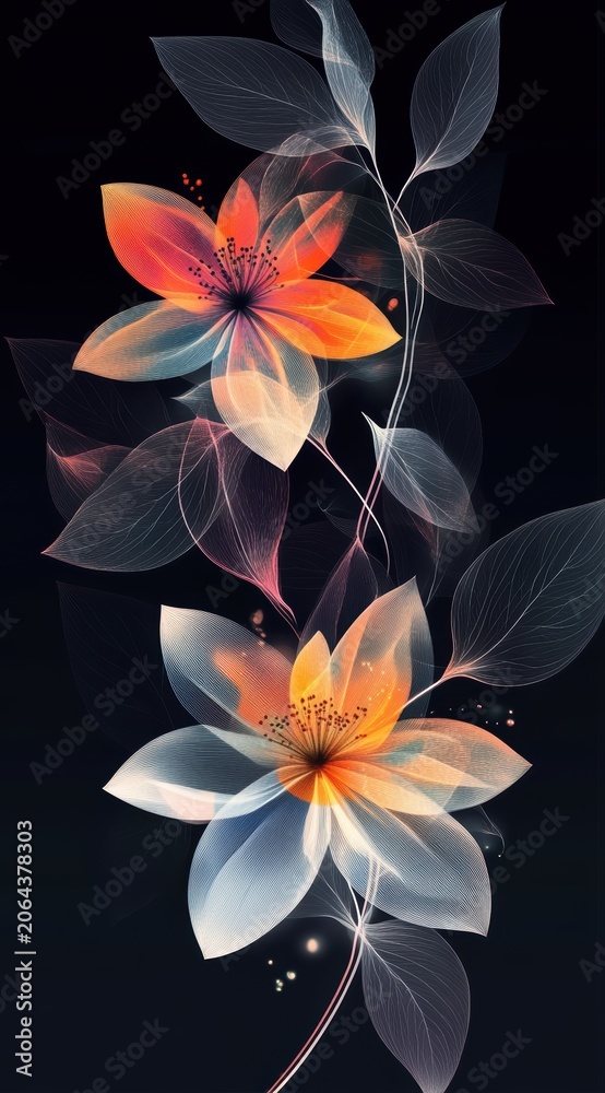 Fototapeta premium Translucent Pink and Orange Flowers with Ethereal Glow on Dark Background for Abstract Fantasy Design 
