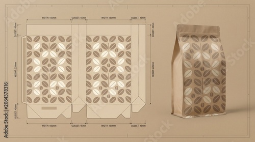 Coffee bag packaging template and mockup showing die-cut dimensions