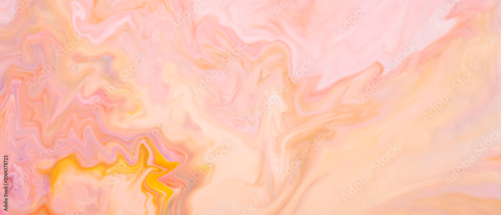 Fototapeta premium Soft pastel abstract background with pink peach and yellow swirling liquid marble pattern