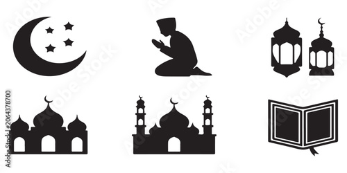 Foto Set of islamic icons featuring crescent moon star praying person lantern and mosque building silhouettes vector