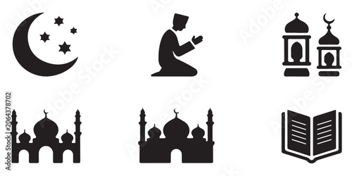 Obraz na płótnie Set of islamic icons including crescent moon star praying person lanterns and mosque building silhouettes vector