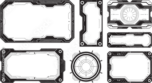 Futuristic HUD interface and sci-fi frames in a monochromatic palette for technology and gaming concepts