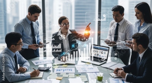 A group of business professionals working together in a modern office setting.