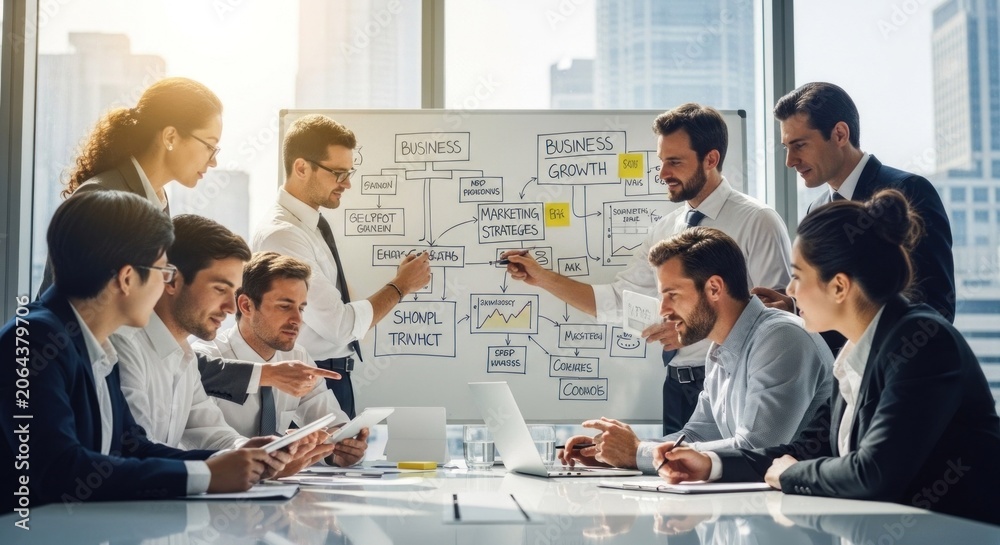 Fototapeta premium A diverse group of business professionals gathered around a whiteboard in a modern office setting, discussing a business strategy.