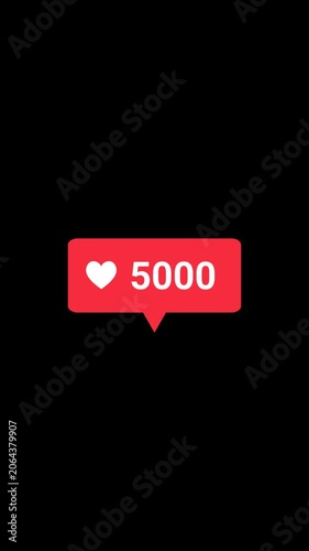 Red social media heart like counter notification animation on transparent background. Alpha channel included